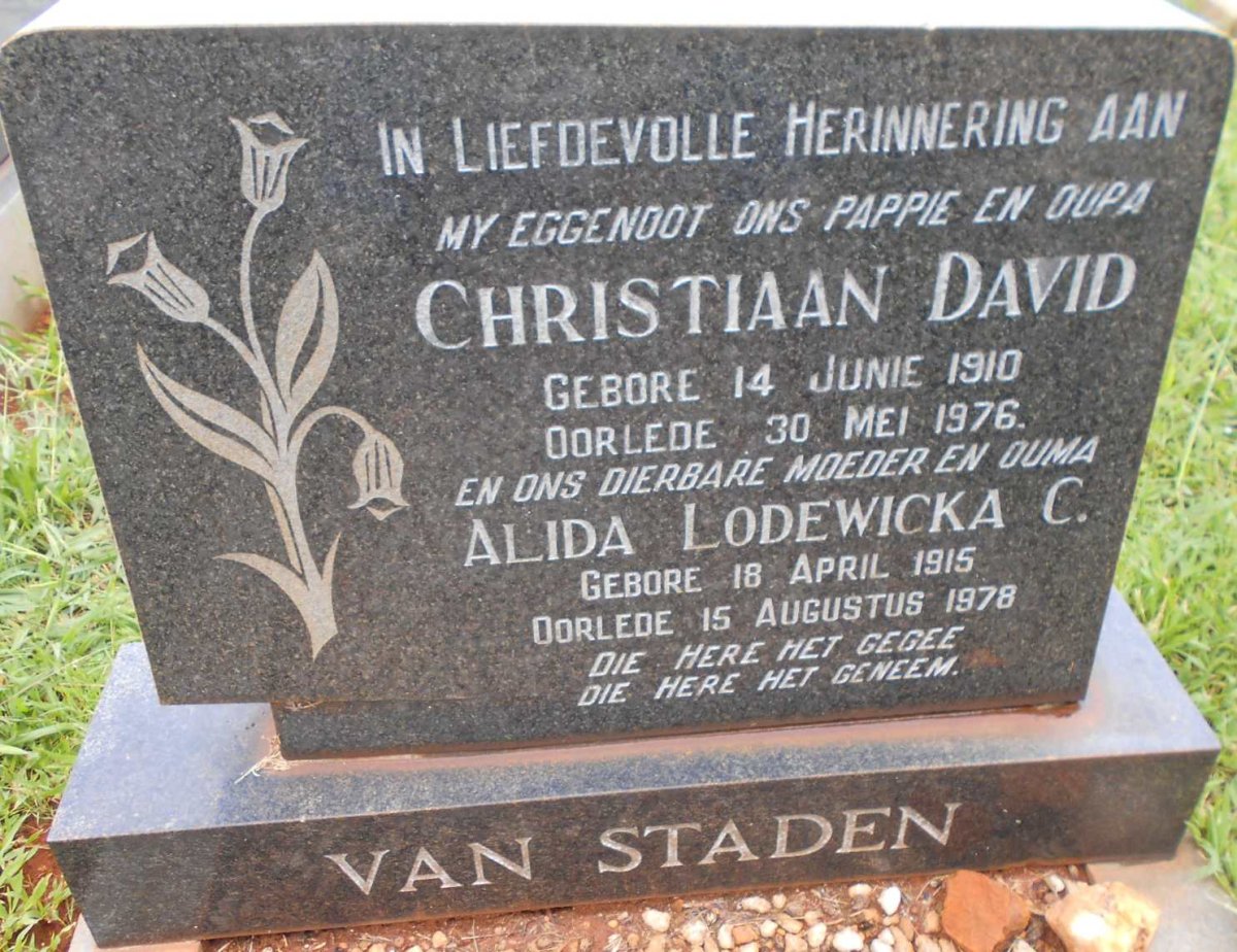 STADEN Christiaan David, van 1910-1976 &amp; Alida Lodewicka C. 1915-1978