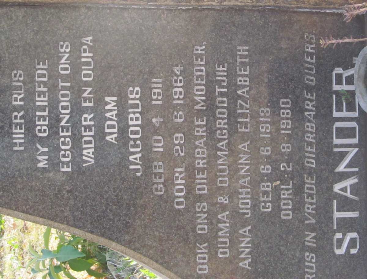 STANDER Adam Jacobus 1911-1964 &amp; Anna Johanna Elizabeth 1913-1980