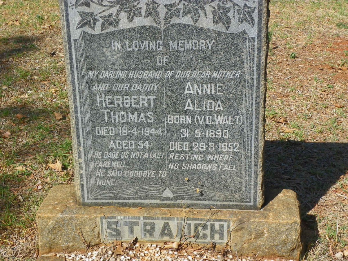 STRAUCH Herbert Thomas -1944 &amp; Annie Alida V.D. WALT 1890-1952