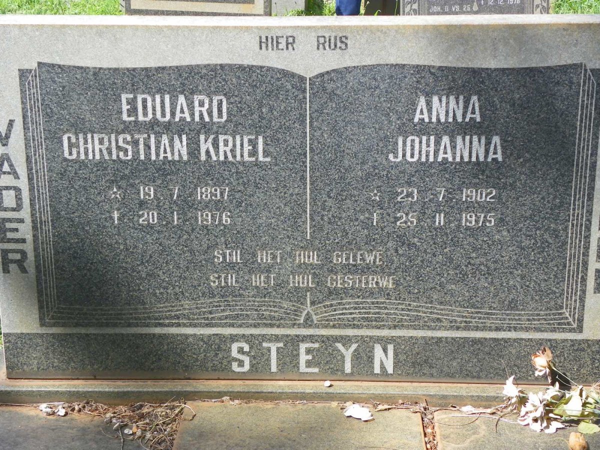 STEYN Eduard Christian Kriel 1897-1976 &amp; Anna Johanna 1902-1975