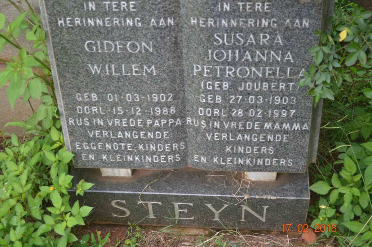 STEYN Gideon Willem 1902-1988 &amp; Susara Johanna Petronella JOUBERT 1903-1997