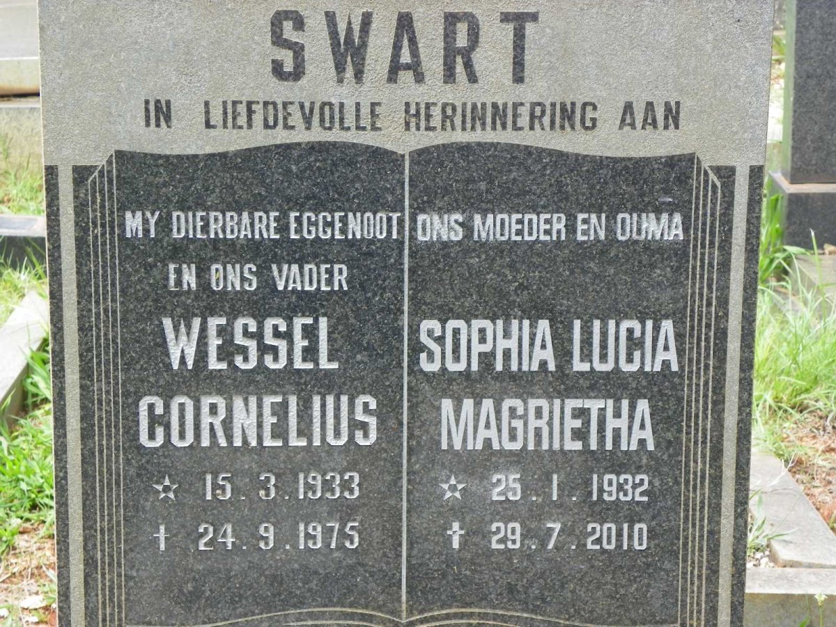 SWART Wessel Cornelius 1933-1975 &amp; Sophia Lucia Magrietha 1932-2010