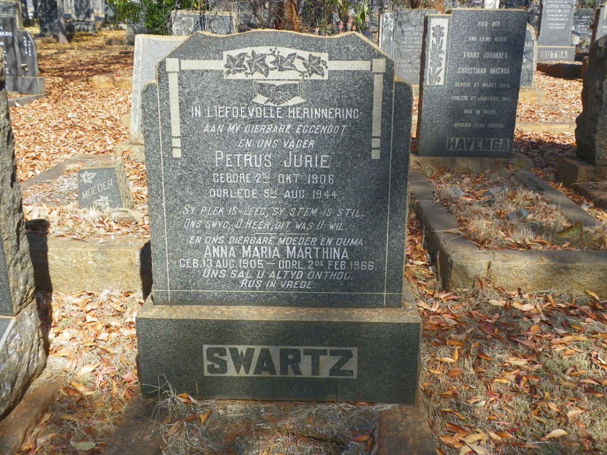 SWARTZ Petrus Jurie 1906-1944 &amp; Anna Maria Marthina 1905-1966