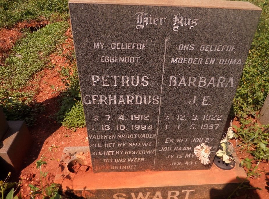 SWART Petrus Gerhardus 1912-1984 &amp; Barbara J.E. 1922-1997