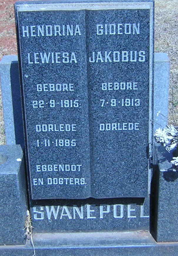 SWANEPOEL Gideon Jakobus 1913- &amp; Hendrina Lewiesa 1915-1985