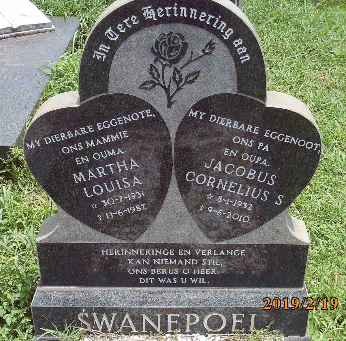 SWANEPOEL Jacobus Cornelius S. 1932-2010 &amp; Martha Louisa 1931-1987