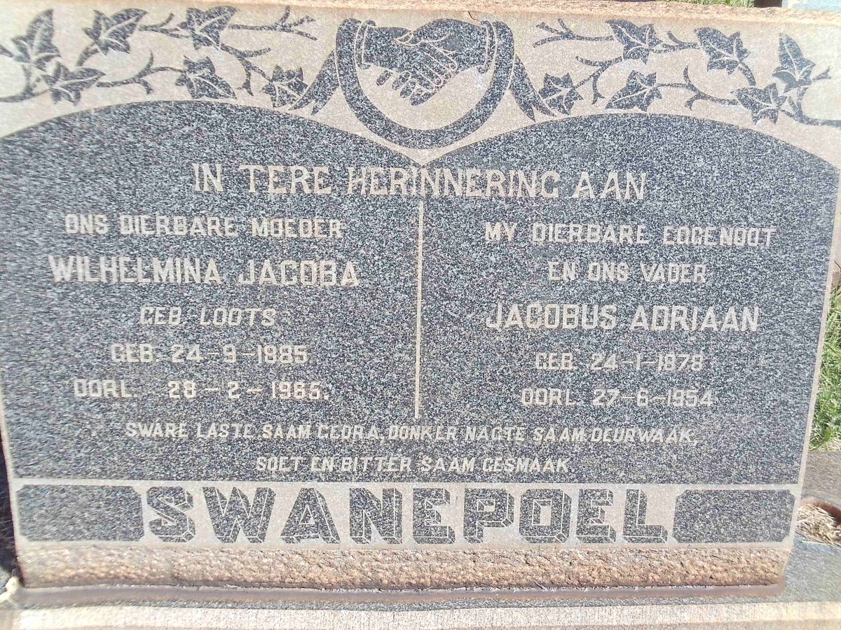 SWANEPOEL Jacobus Adriaan 1878-1954 &amp; Wilhelmina Jacoba LOOTS 1885-1965