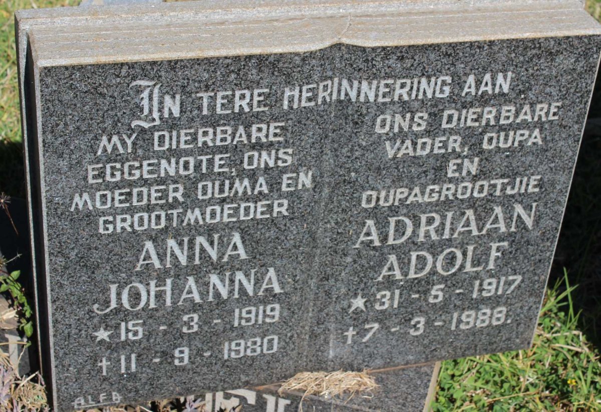 SWANEPOEL Adriaan Adolf 1917-1988 &amp; Anna Johanna 1919-1980