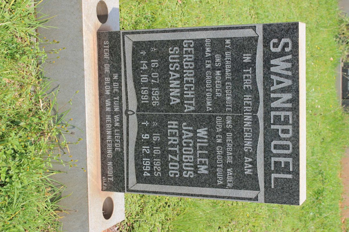 SWANEPOEL Willem Jacobus Hertzog 1925-1994 &amp; Gerbrechta Susanna 1926-1991