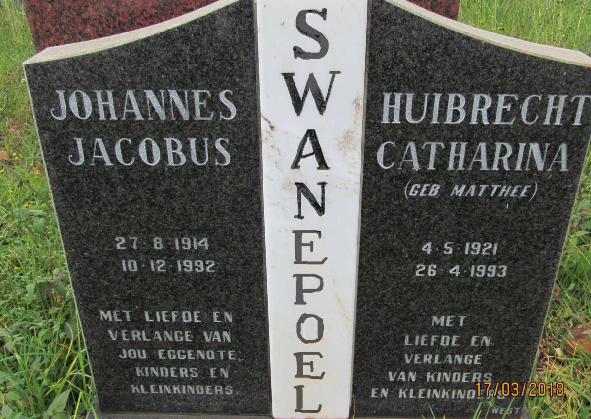 SWANEPOEL Johannes Jacobus 1914-1992 &amp; Huibrecht Catharina MATTHEE  1921-1993