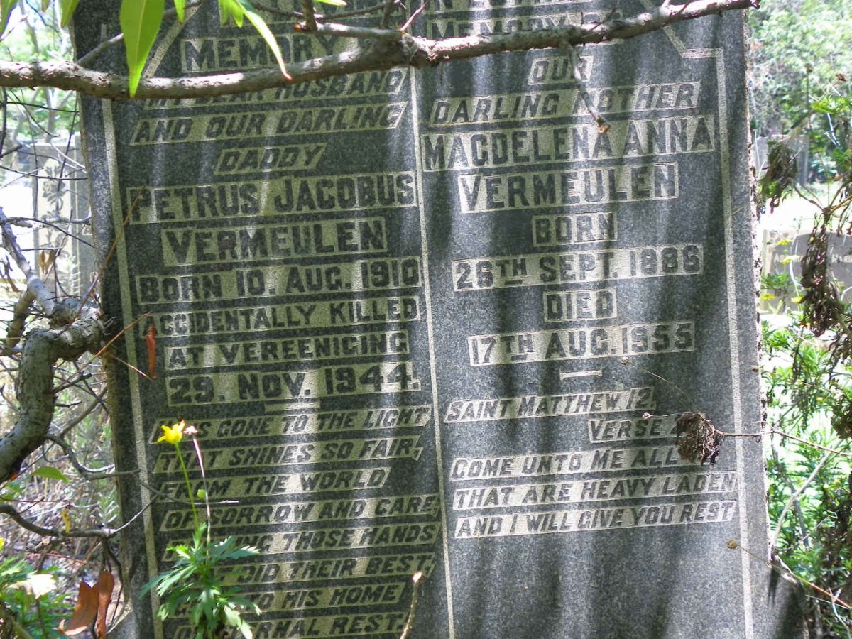 VERMEULEN Petrus Jacobus 1910-1944 &amp; Magdelena Anna 1886-1955