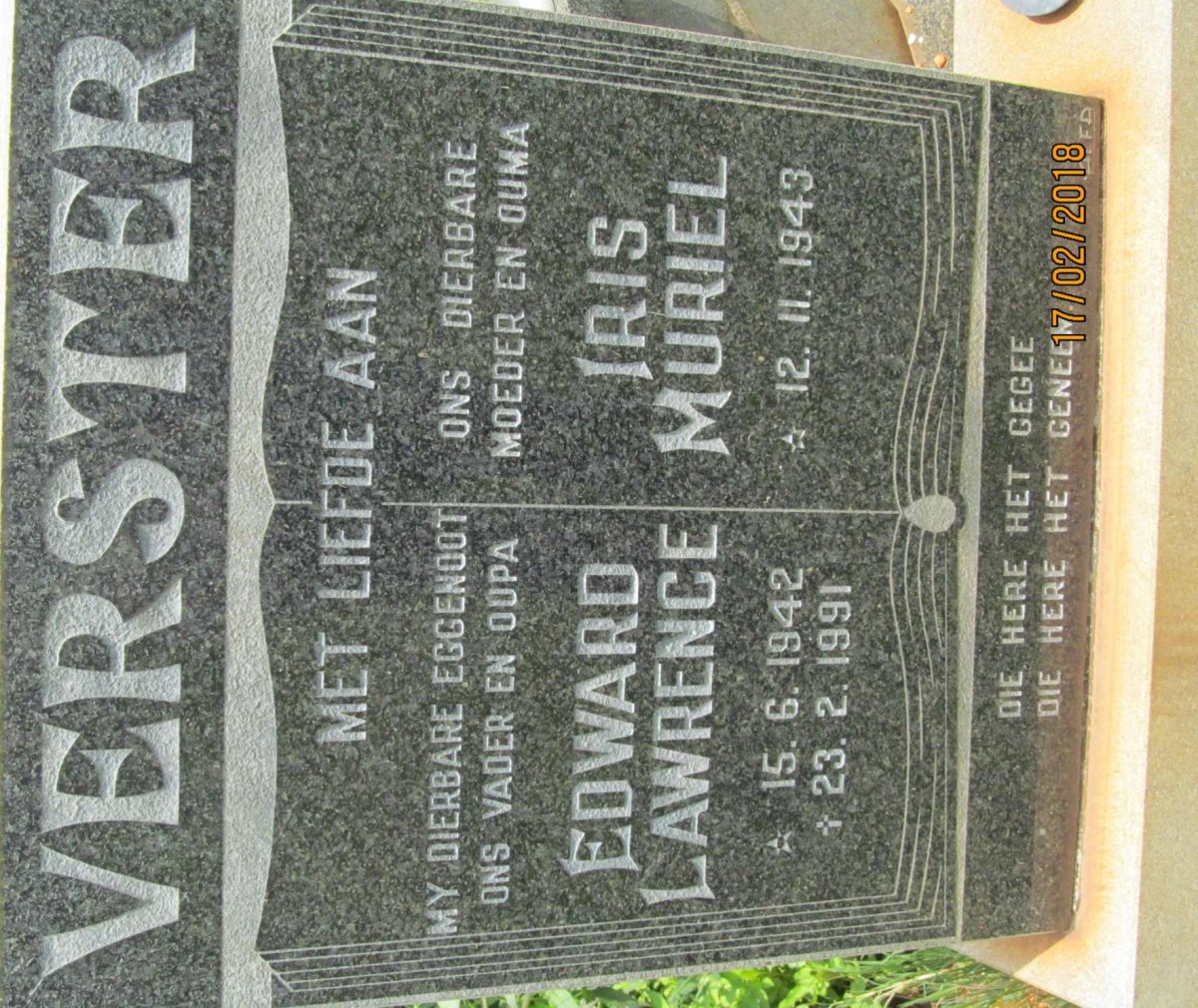 VERSTER Edward Lawrence 1942-1991 &amp; Iris Muriel 1943-