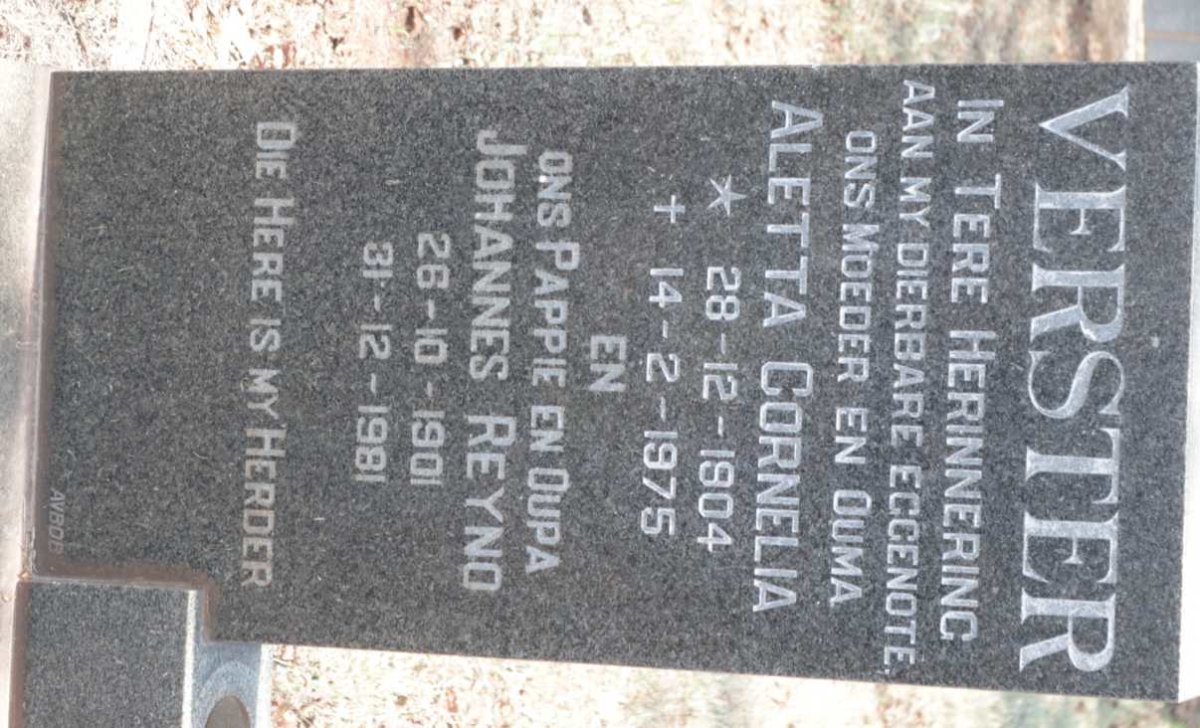 VERSTER Johannes Reyno 1901-1981 &amp; Aletta Cornelia 1904-1975