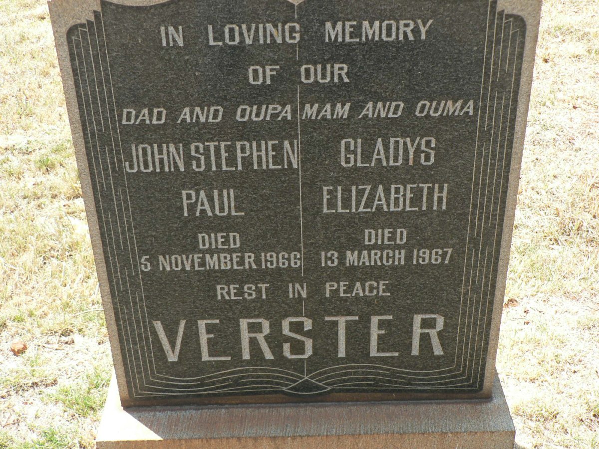 VERSTER John Stephen Paul -1966 &amp; Gladys Elizabeth -1967