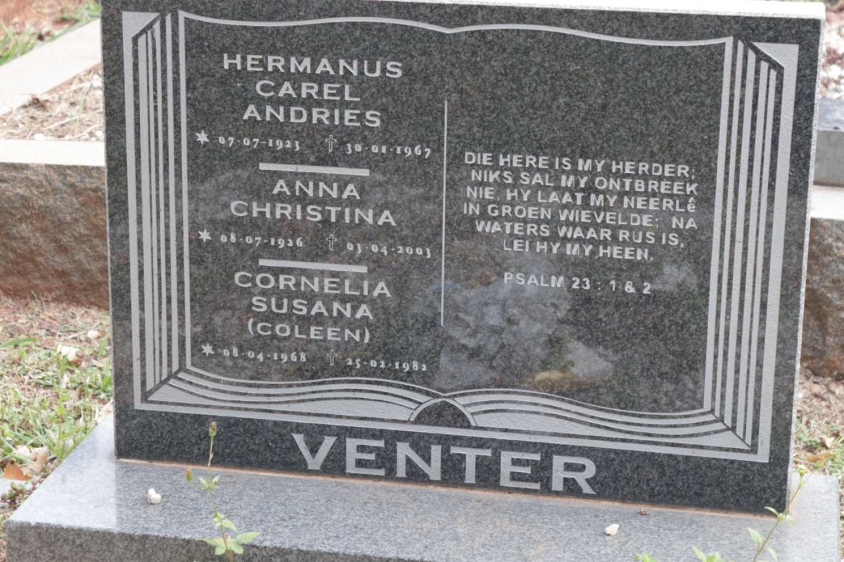 VENTER Hermanus Carel Andries 1923-1967 &amp; Anna Christina 1926-2003 :: VENTER Cornelia Susana 1968-1982