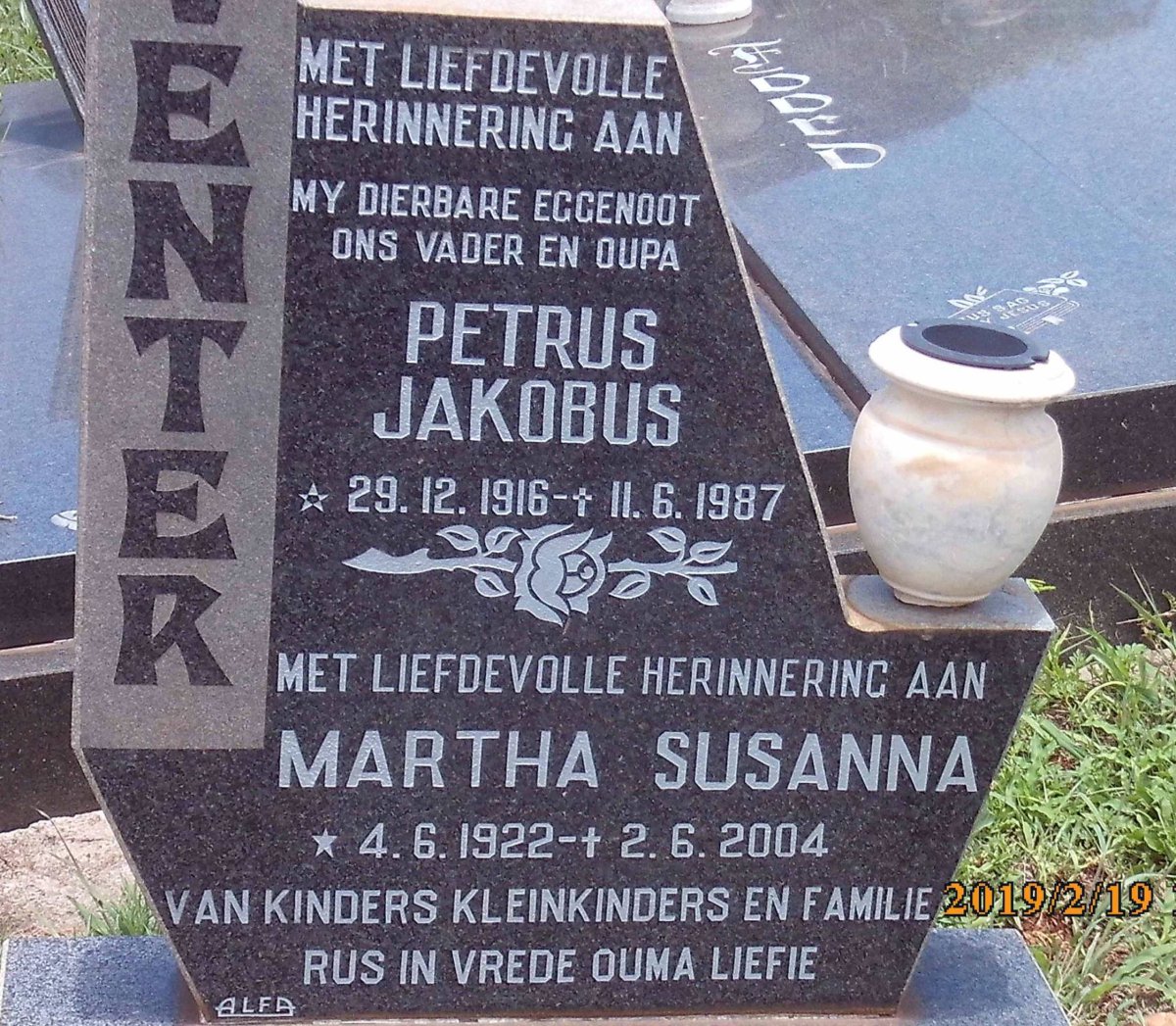 VENTER Petrus Jakobus 1916-1987 &amp; Martha Susanna 1922-2004