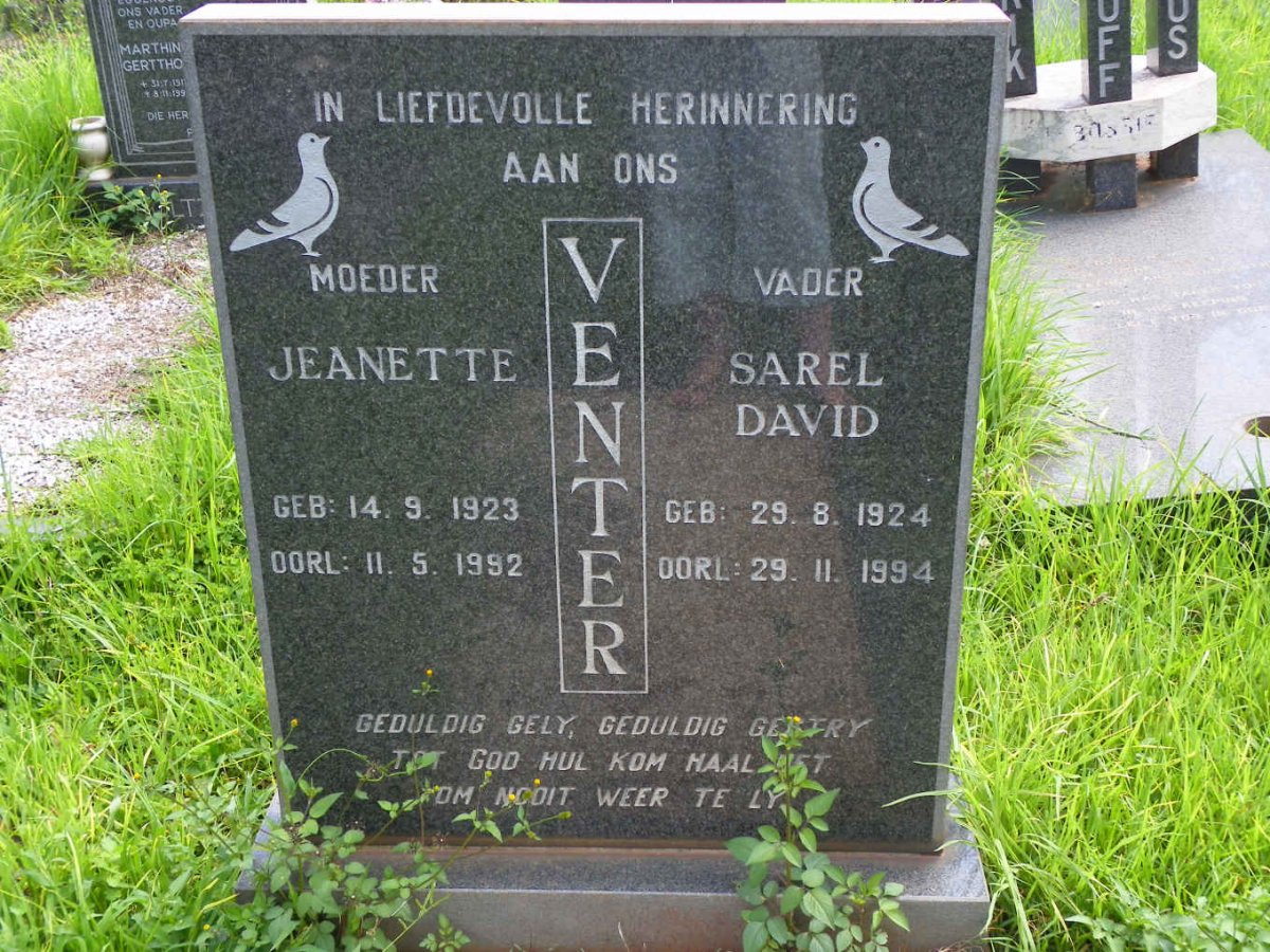 VENTER Sarel David 1924-1994 &amp; Jeanette 1923-1992