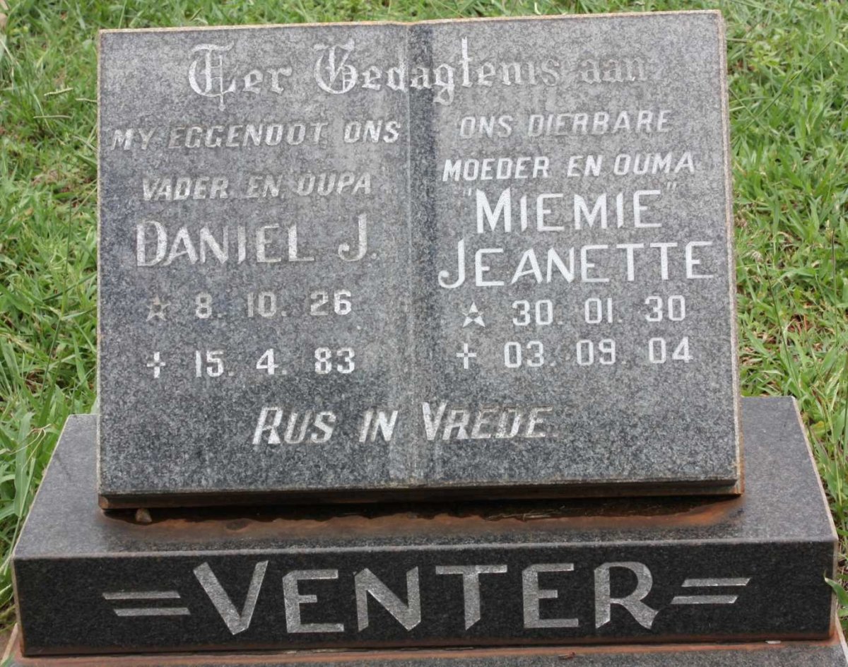 VENTER Daniel J. 1926-1983 &amp; Jeanette 1930-2004