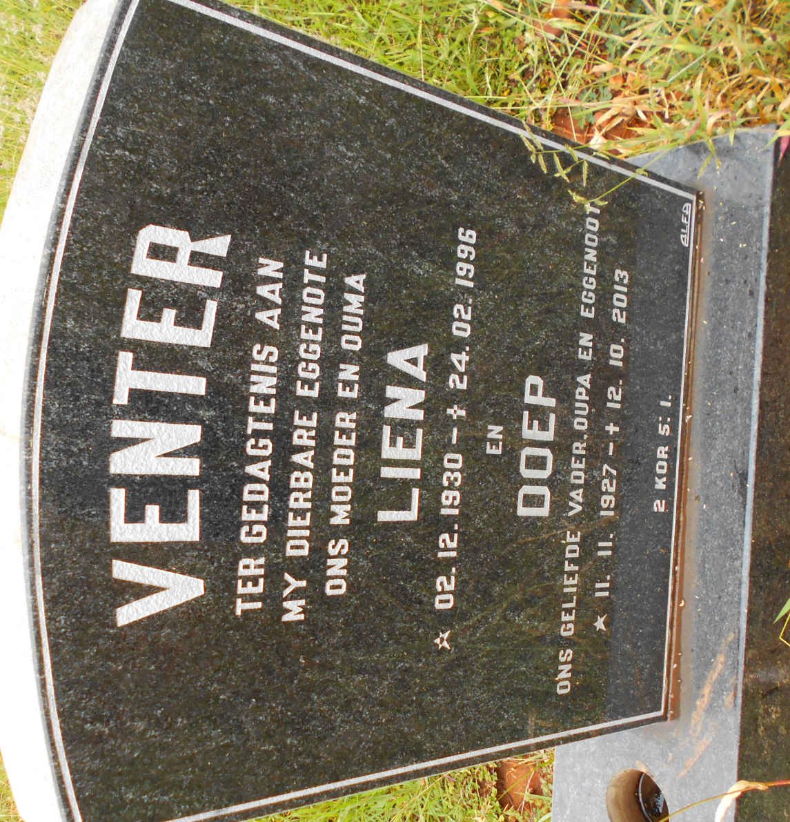 VENTER Doep 1927-2013 &amp; Liena 1930-1996