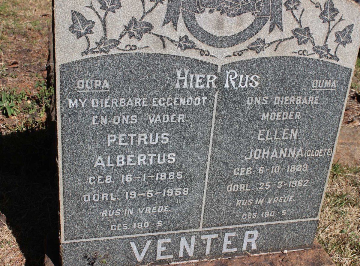 VENTER Petrus Albertus 1885-1958 &amp; Ellen Johanna CLOETE 1888-1962
