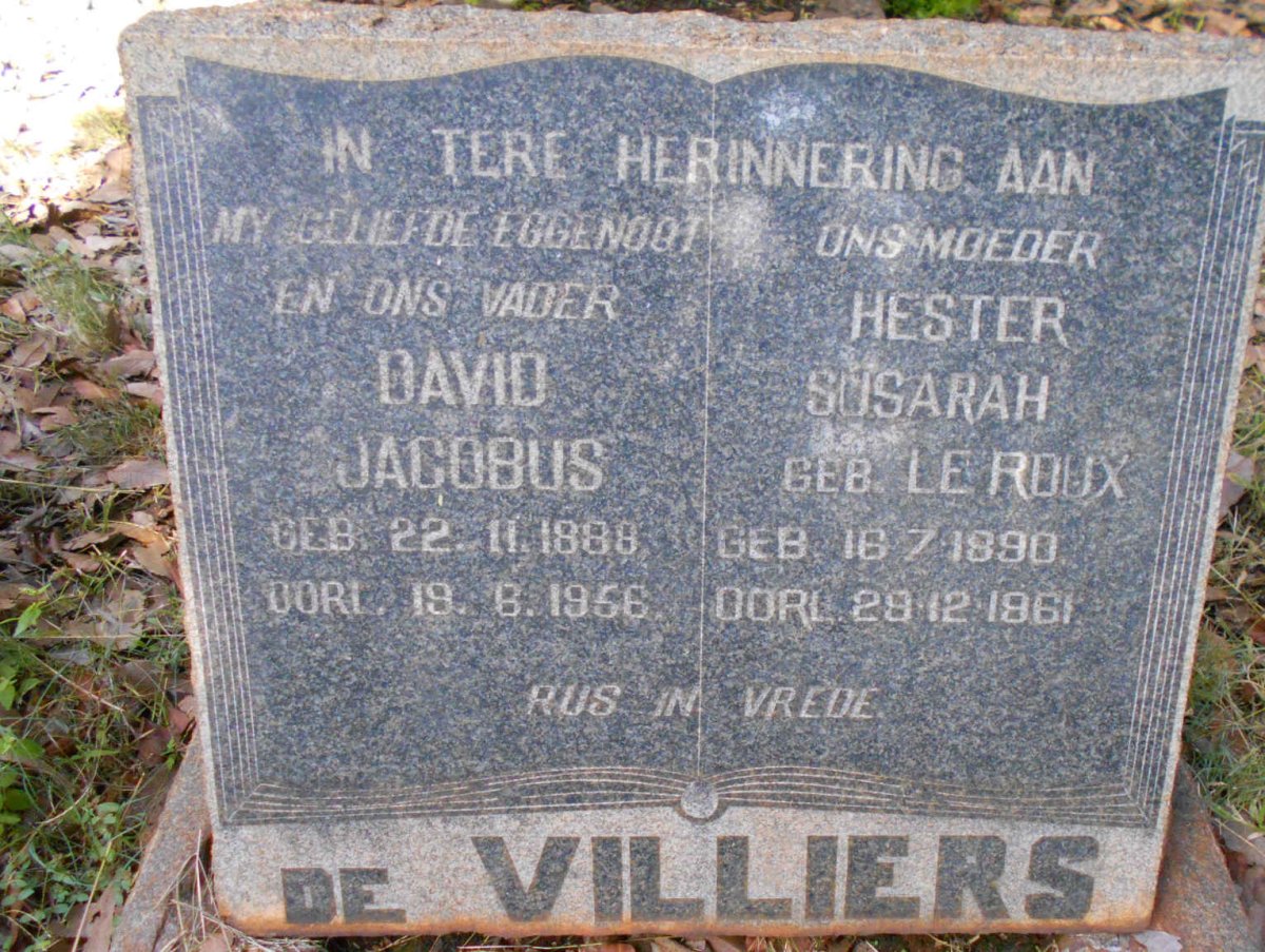 VILLIERS David Jacobus, de 1888-1956 &amp; Hester Susarah LE ROUX 1890-1961