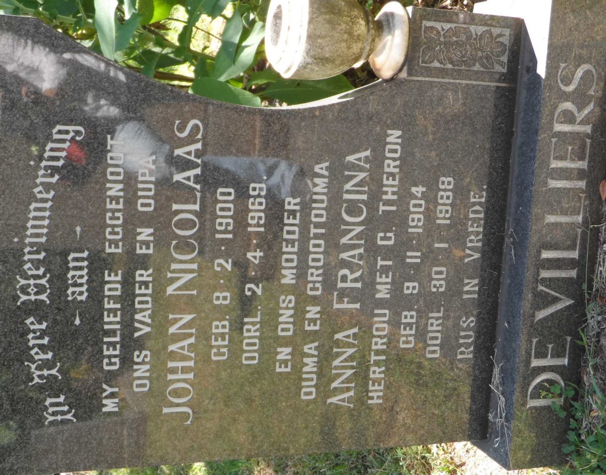 VILLIERS Johan Nicolaas, de 1900-1969 &amp; Anna Francina THERON voorheen DE VILLIERS 1904-1988