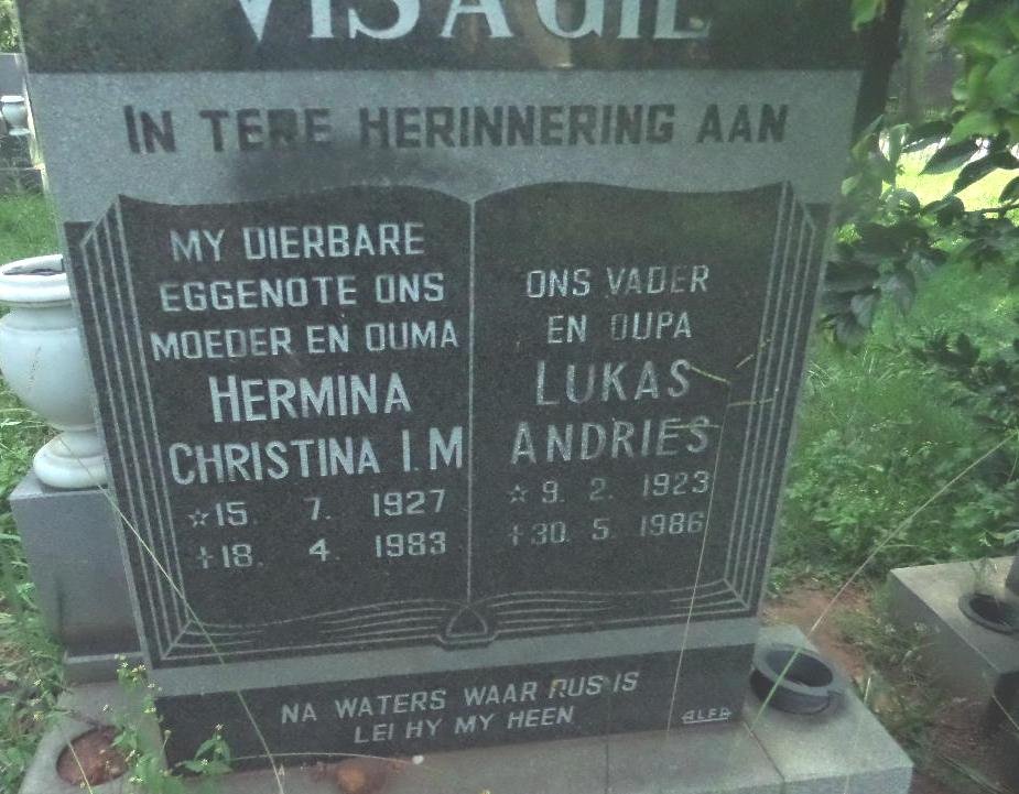 VISAGIE Lukas Andries 1923-1986 &amp; Hermina Christina I.M. 1927-1983