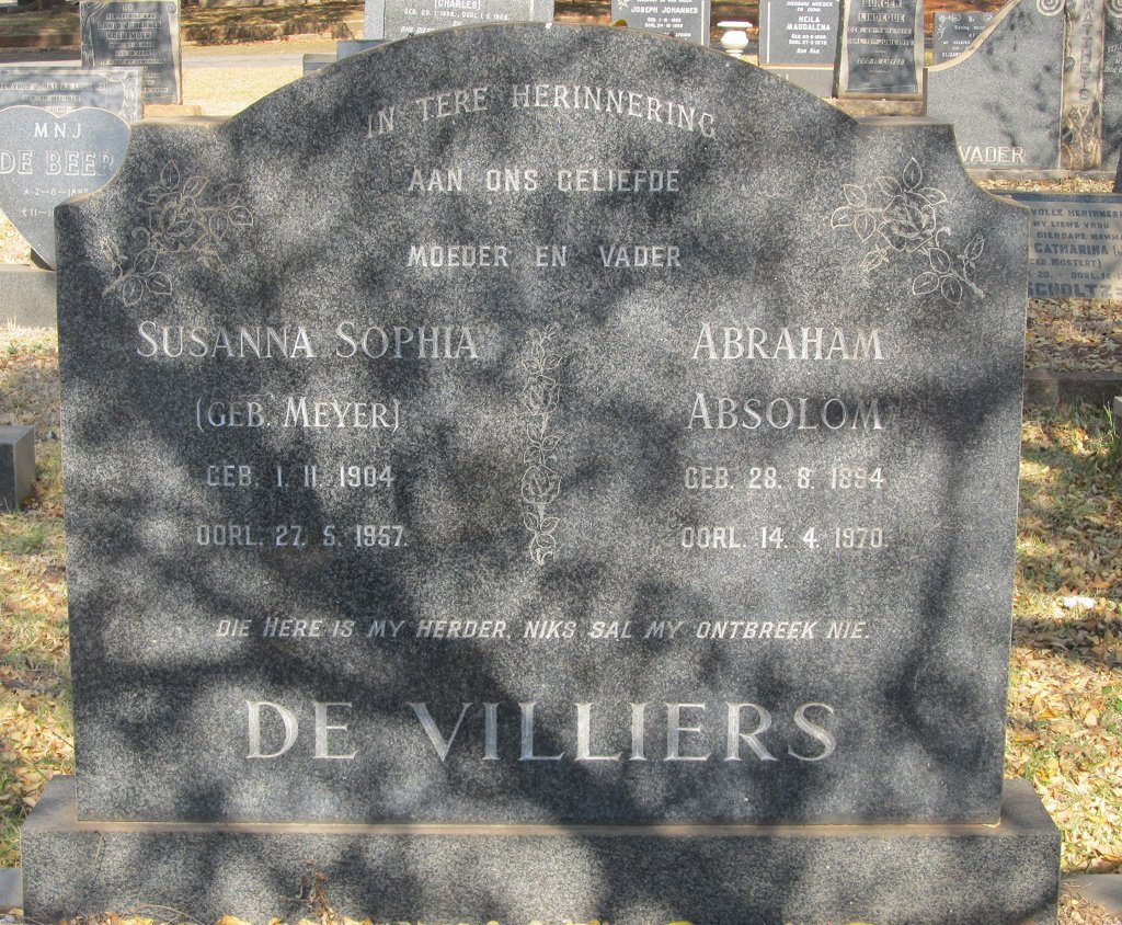 VILLIERS Abraham Absolom, de 1884-1970 &amp; Susanna Sophia MEYER 1904-1957