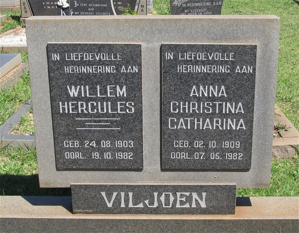 VILJOEN Willem Hercules 1903-1982 &amp; Anna Christina Catharina 1909-1982