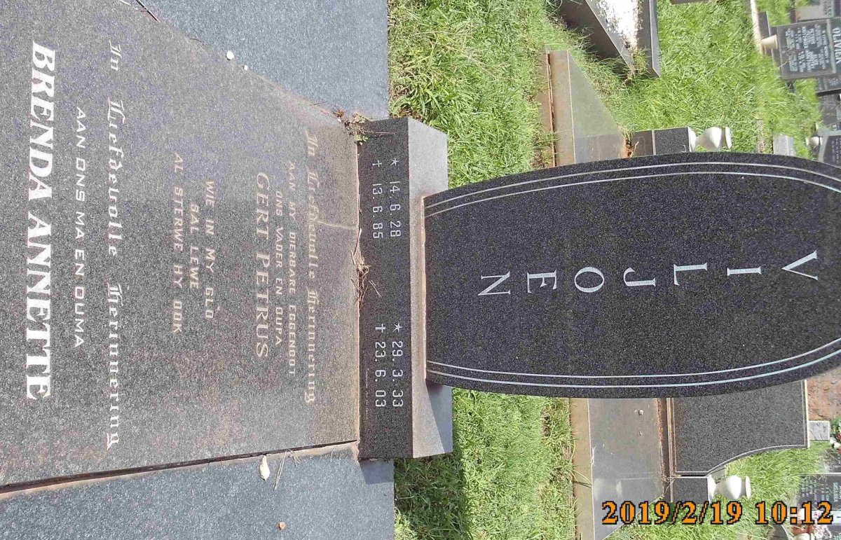 VILJOEN Gert Petrus 1928-1985 &amp; Brenda Annette 1933-2003