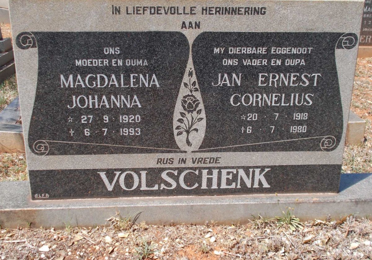 VOLSCHENK Jan Ernest Cornelius 1918-1980 &amp; Magdalena Johanna 1920-1993