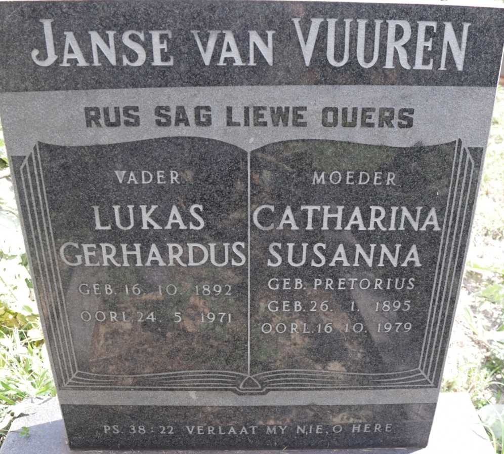 VUUREN Lukas Gerhardus, Janse van 1892-1971 &amp; Catharina Susanna PRETORIUS 1895-1979
