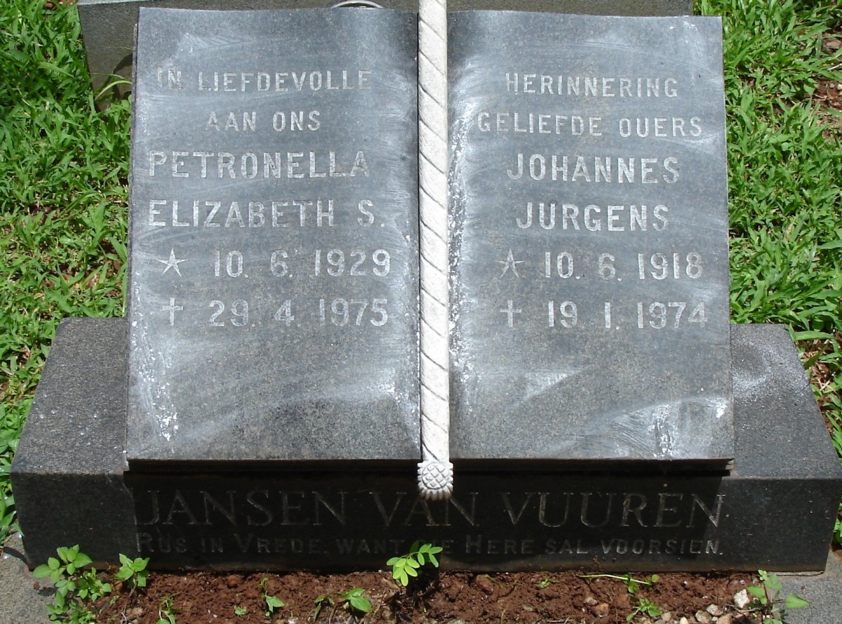 VUUREN Johannes Jurgens, Jansen van 1918-1974 &amp; Petronella Elizabeth S. 1929-1975