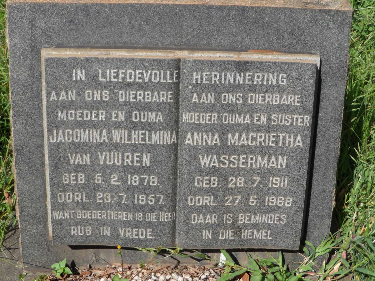 VUUREN Jacomina Wilhelmina, van 187?-1957 :: WASSERMAN Anna Magrietha 1911-1968