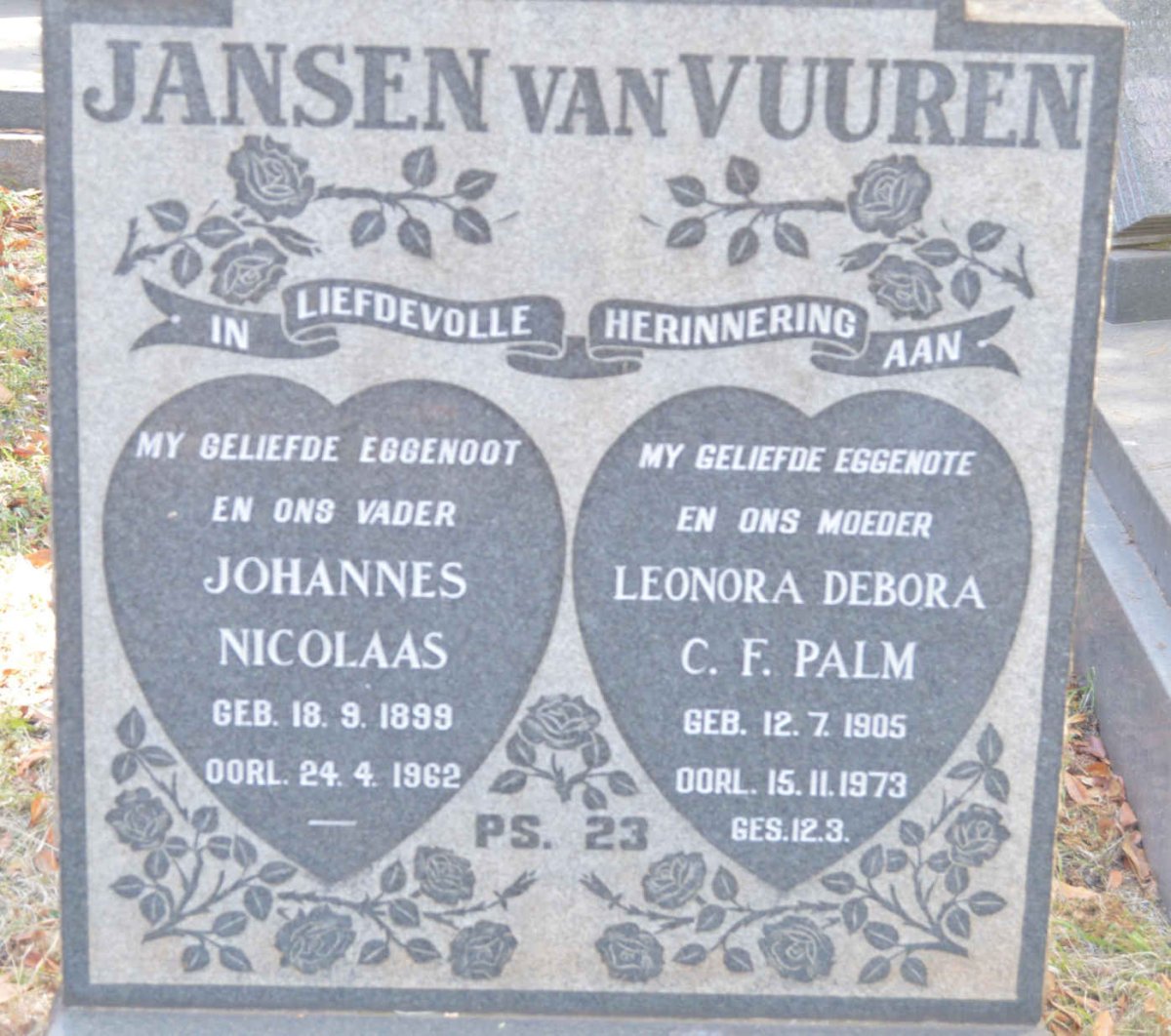 VUUREN Johannes Nicolaas, Jansen van 1899-1962 &amp; Leonora Debora C.F. PALM 1905-1973