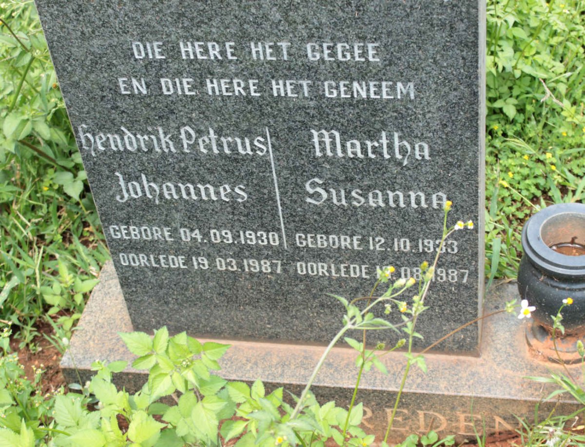 VREDEN Hendrik Petrus Johannes, van 1930-1987 &amp; Martha Susanna 1933-1987