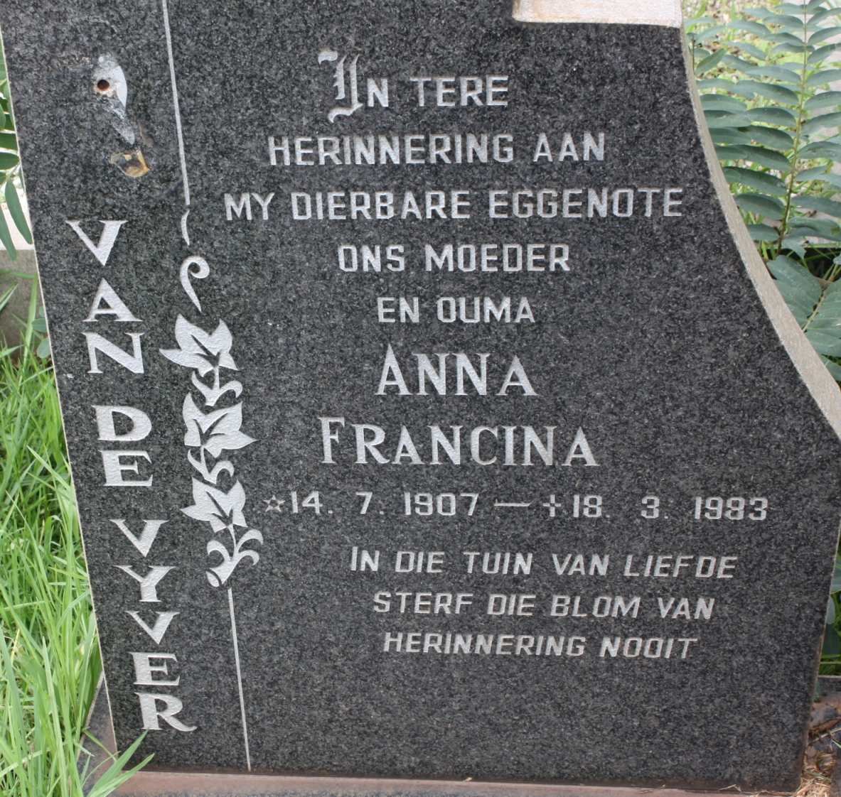 VYVER Anna Francina, van de 1907-1983