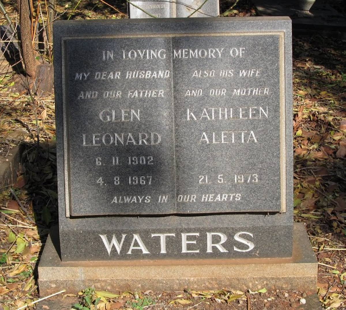 WATERS Glen Leonard 1902-1967 &amp; Kathleen Aletta -1973
