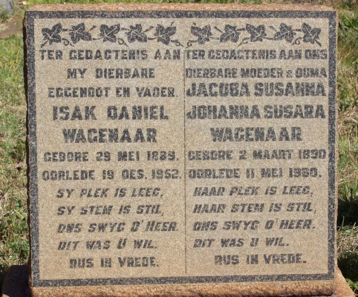 WAGENAAR Isak Daniel 1889-1952 &amp; Jacoba Susanna Johanna Susara 1890-1960