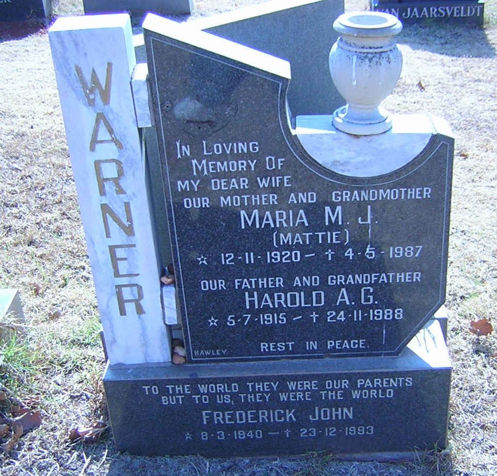 WARNER Harold A.G. 1915-1988 &amp; Maria M.J. 1920-1987 :: WARNER Frederick John 1940-1993
