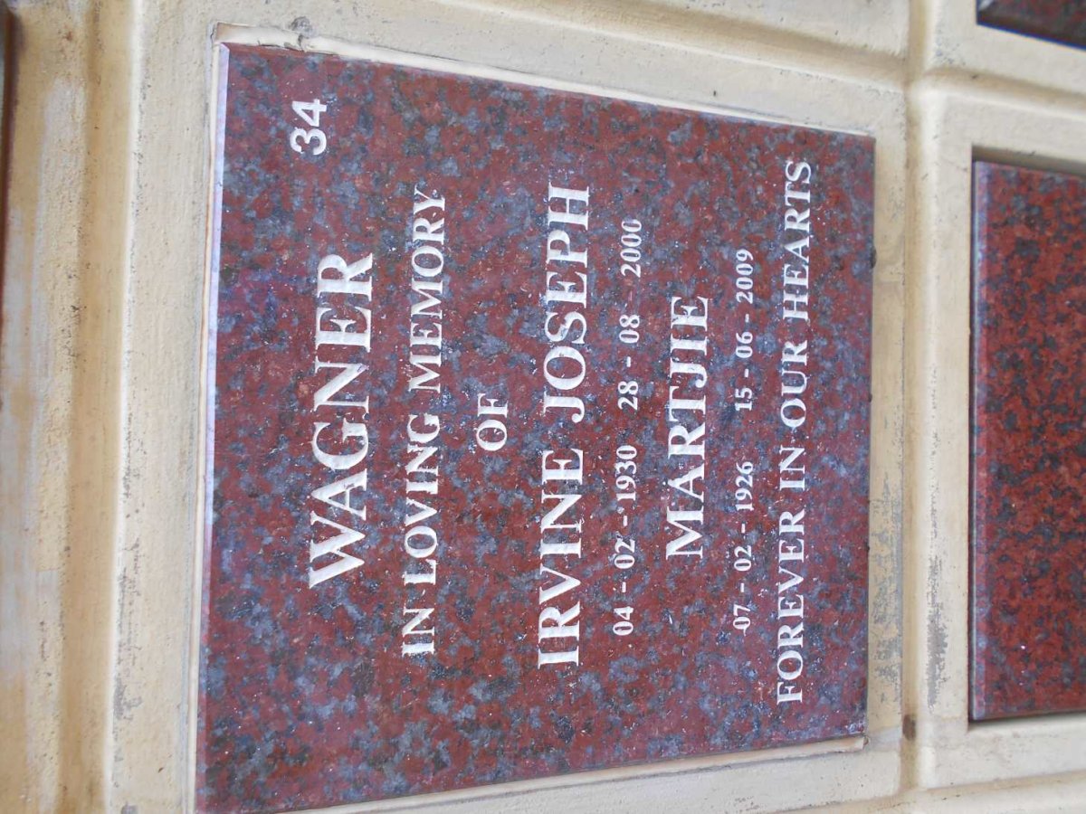 WAGNER Irvine Joseph 1930-2000 &amp; Martjie 1926-2009