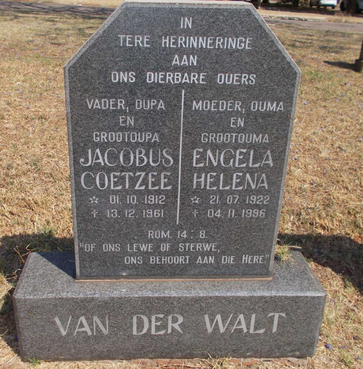 WALT Jacobus Coetzee, van der 1912-1961 &amp; Engela Helena 1922-1996