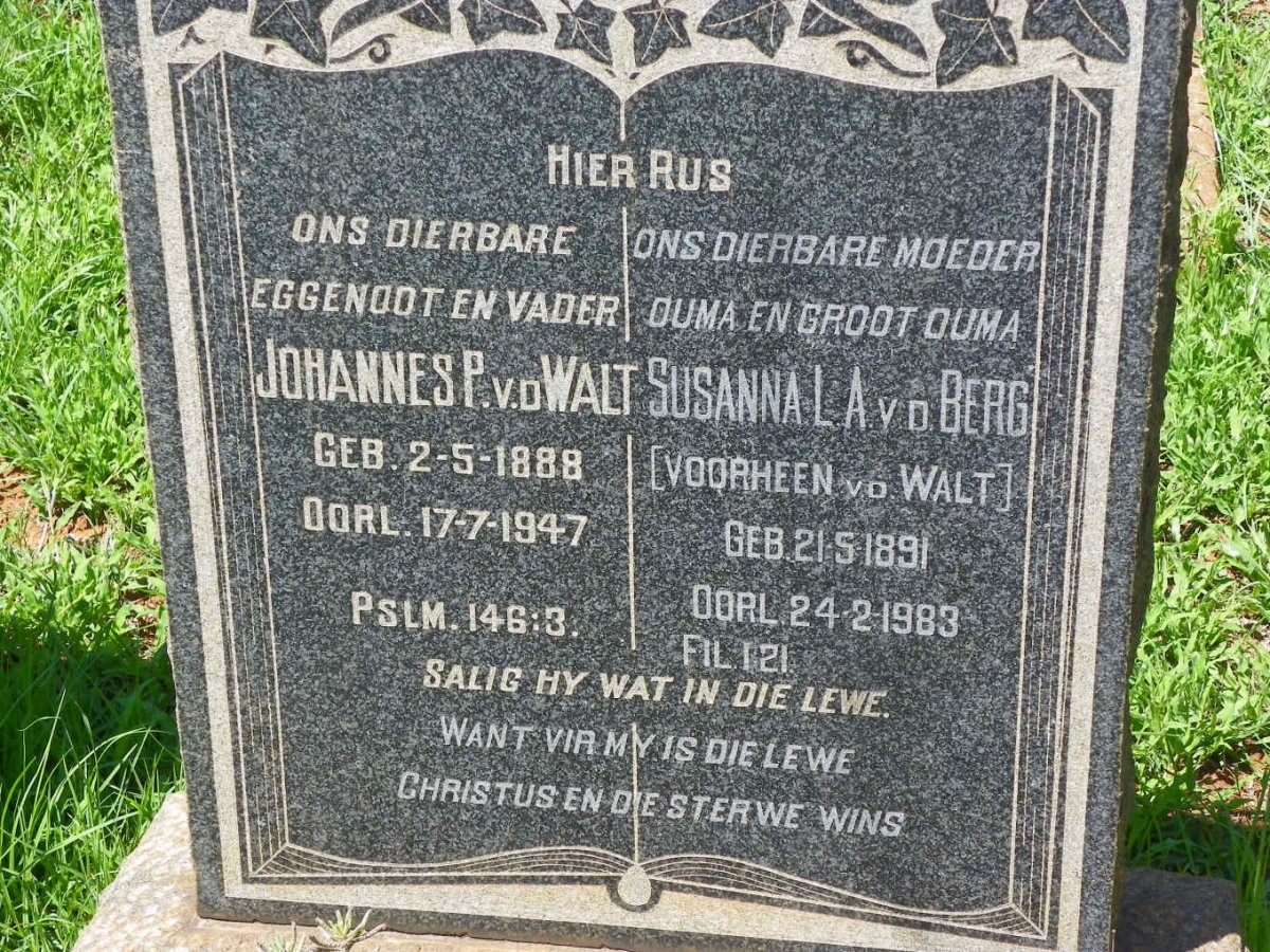 WALT Johannes P., v.d. 1888-1947 :: V.D. BERG Susanna L.A. voorheen V.D. WALT 1891-1983