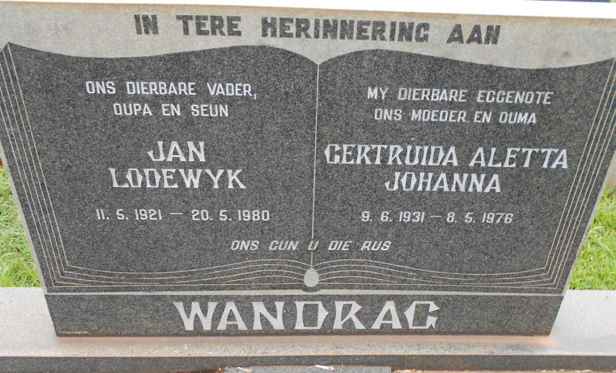 WANDRAG Jan Lodewyk 1921-1980 &amp; Gertruida Aletta Johanna 1931-1976