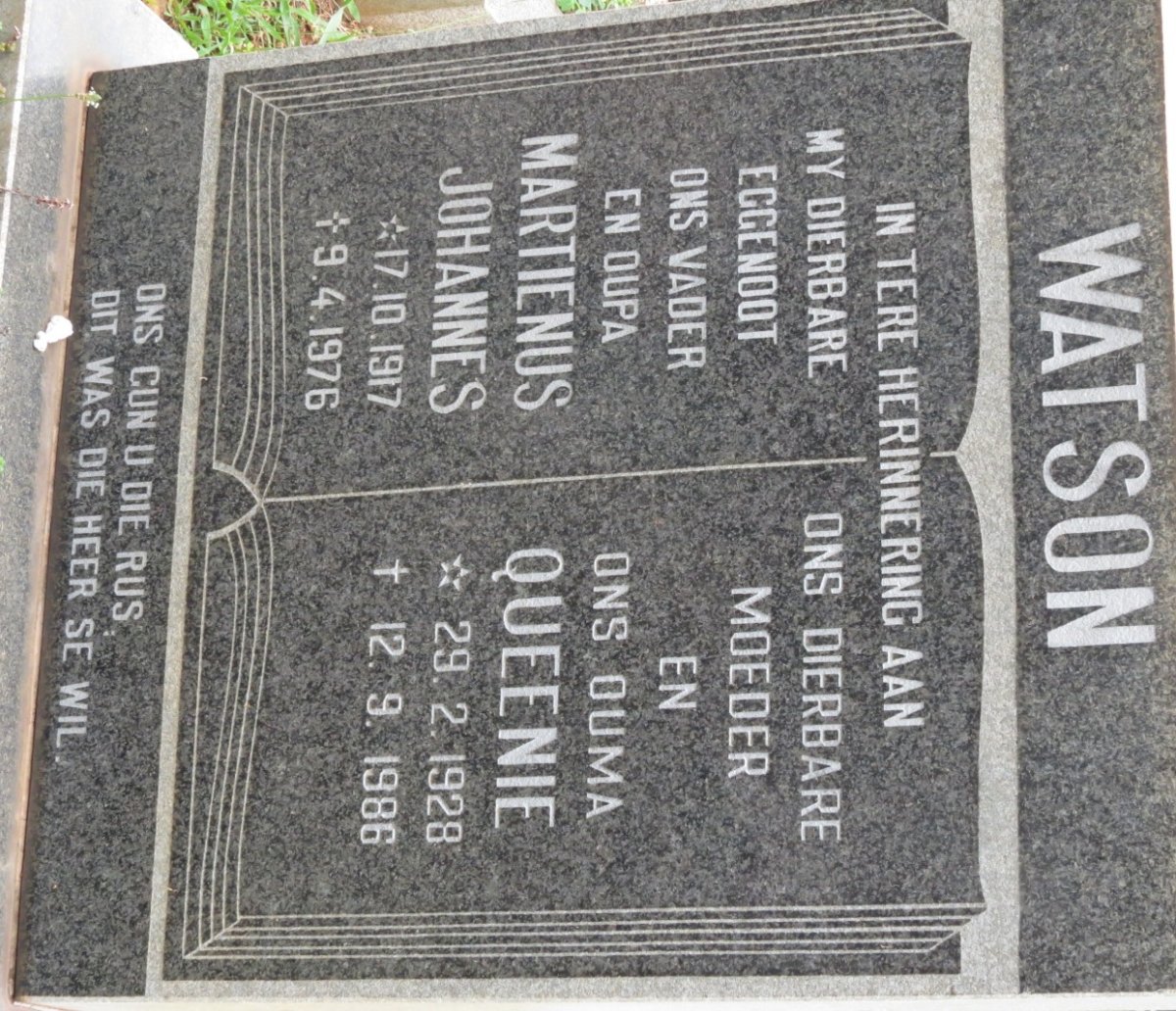 WATSON Martienus Johannes 1917-1976 &amp; Queenie 1928-1986