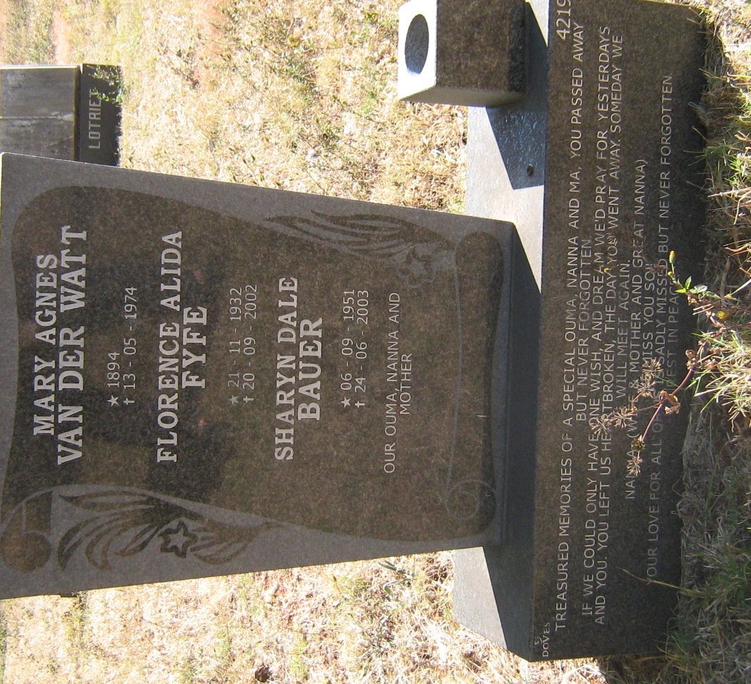 WATT Mary Agnes, van der 1894-1974 :: FYFE Florence Alida 1932-2002 :: BAUER Sharyn Dale 1951-2003