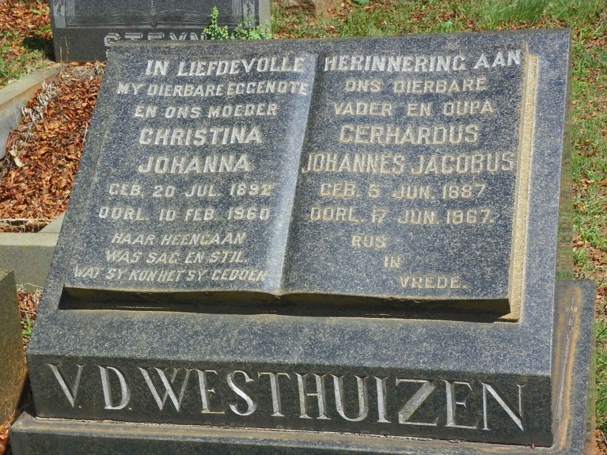 WESTHUIZEN Gerhardus Johannes Jacobus, v.d. 1887-1967 &amp; Christina Johanna 1892-1960
