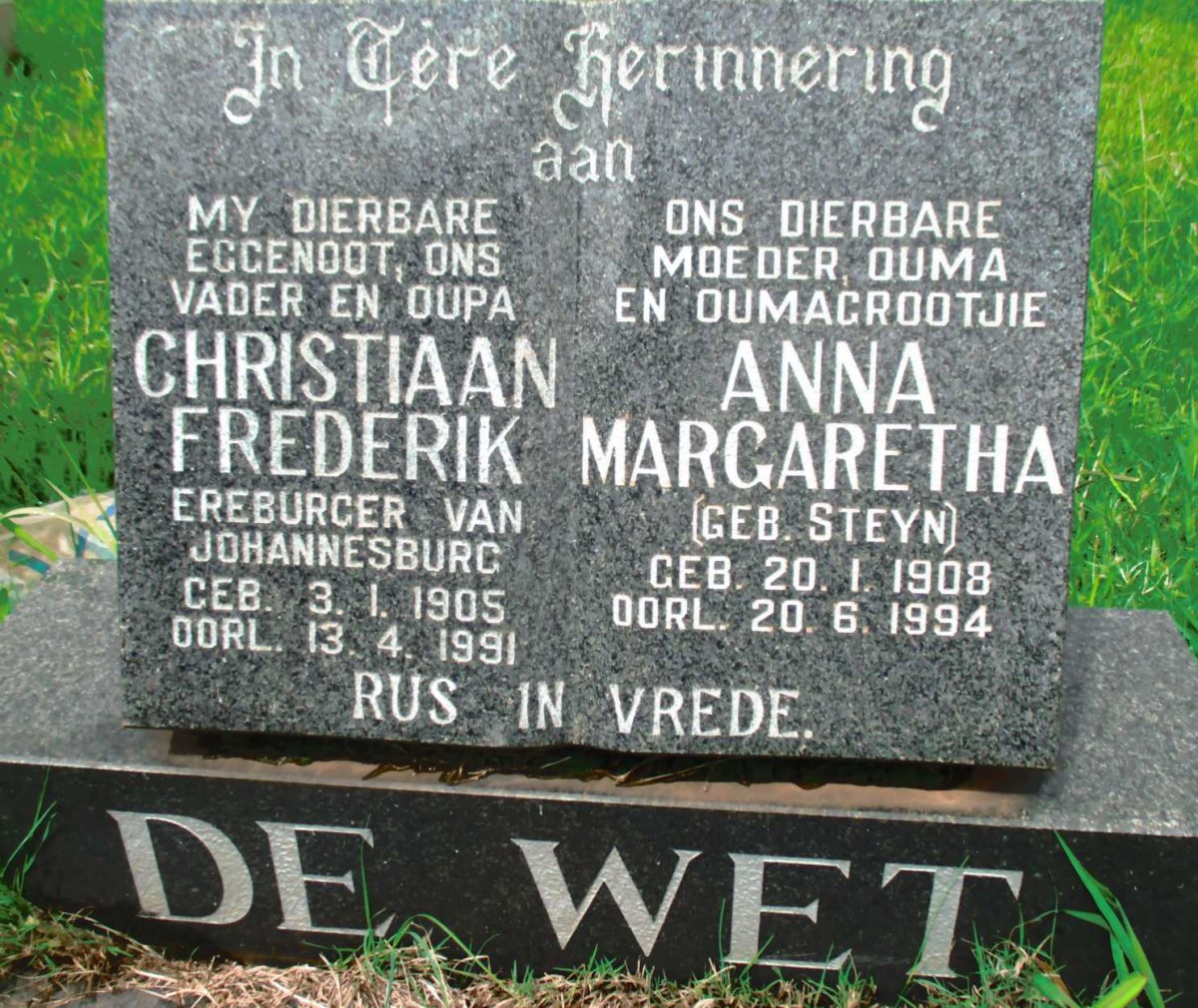WET Christiaan Frederik, de 1905-1991 &amp; Anna Margaretha STEYN 1908-1994