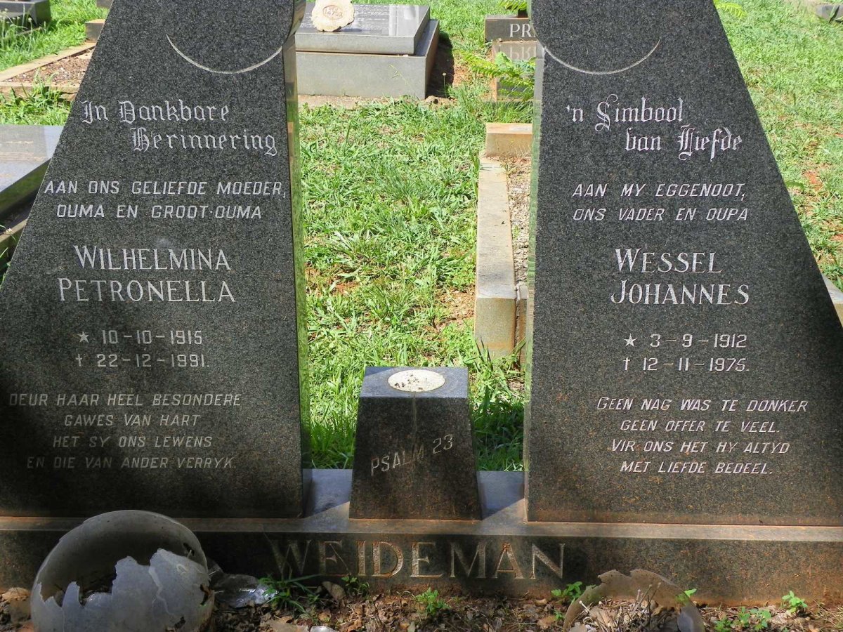 WEIDEMAN Wessel Johannes 1912-1975 &amp; Wilhelmina Petronella 1915-1991