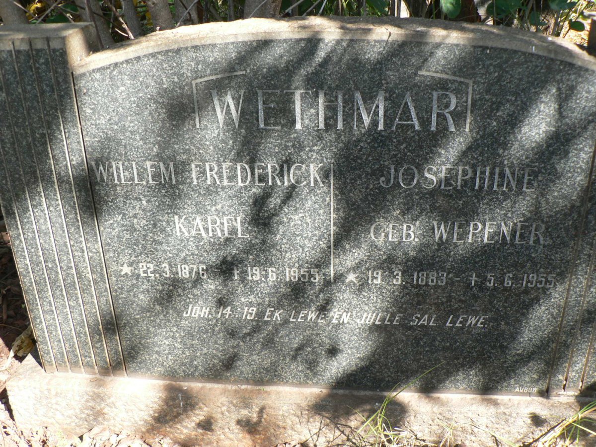 WETHMAR Willem Frederick Karel 1876-1955 &amp; Josephine WEPENER 1883-1955